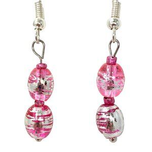 Murano Style Pink Silver Art Glass Bead Earrings Plated Dainty Dangle Handmade